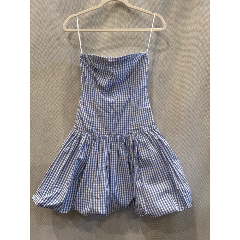 Abercrombie&Fitch Blue Gingham Strapless Bubble Hem MiniDress Small Tall Smocked